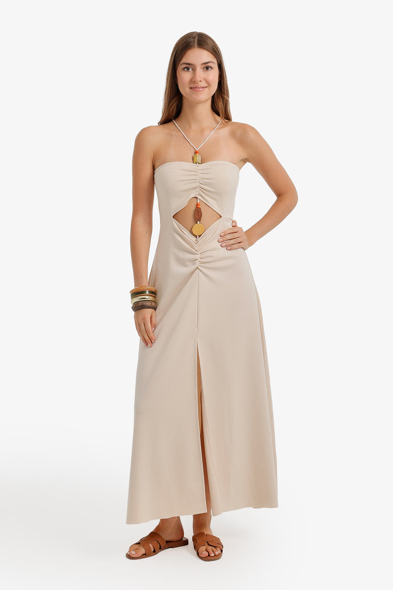 Beaded Front Cut-Out Beach Dress – Beige