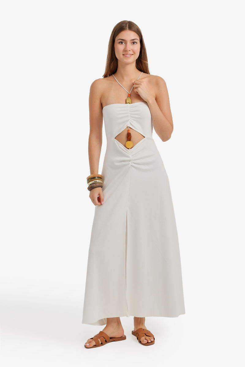 Beaded Front Cut-Out Beach Dress – White