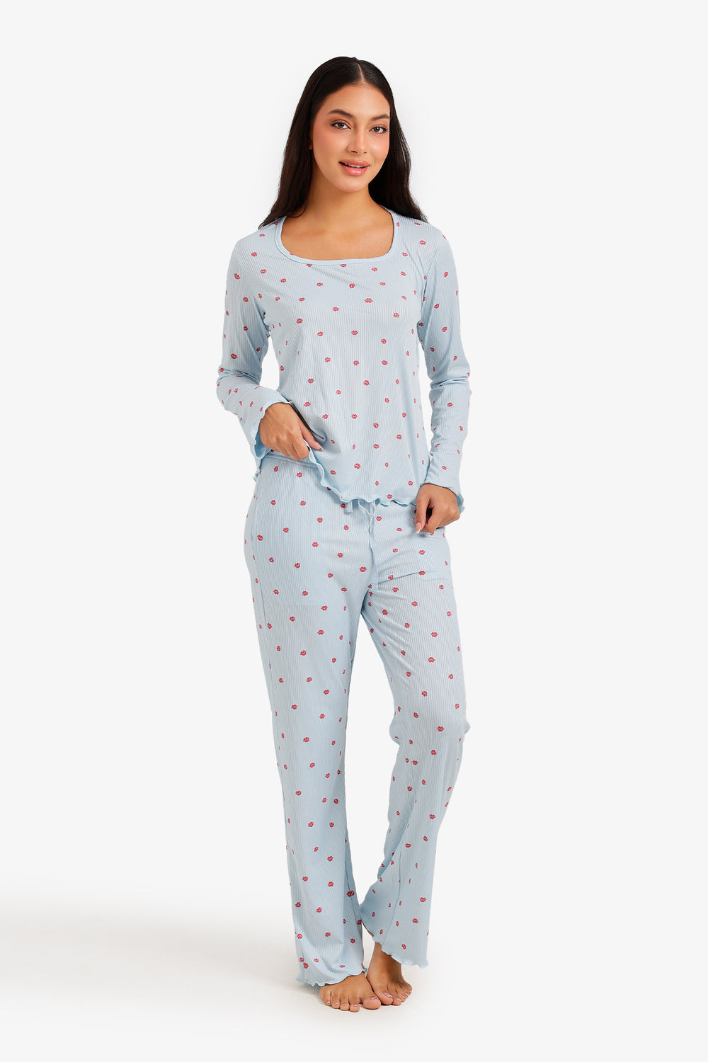 Mini Lips Print Pajama Set – Light Blue