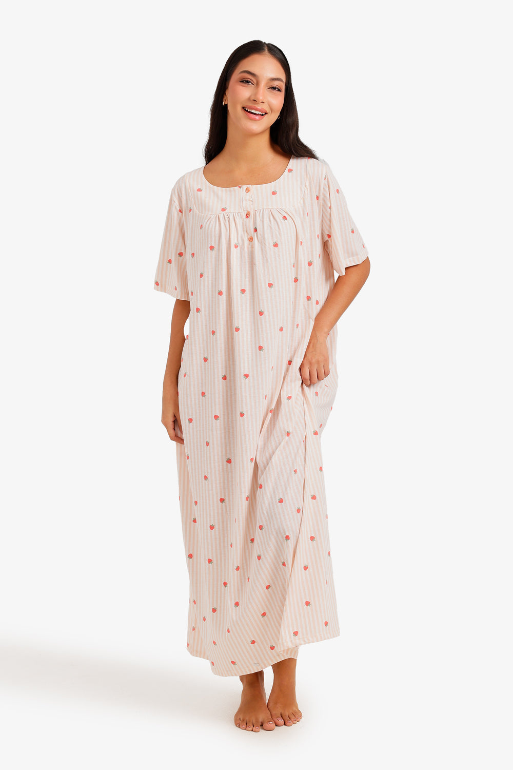 Strawberry Print Striped Nightgown - Cream