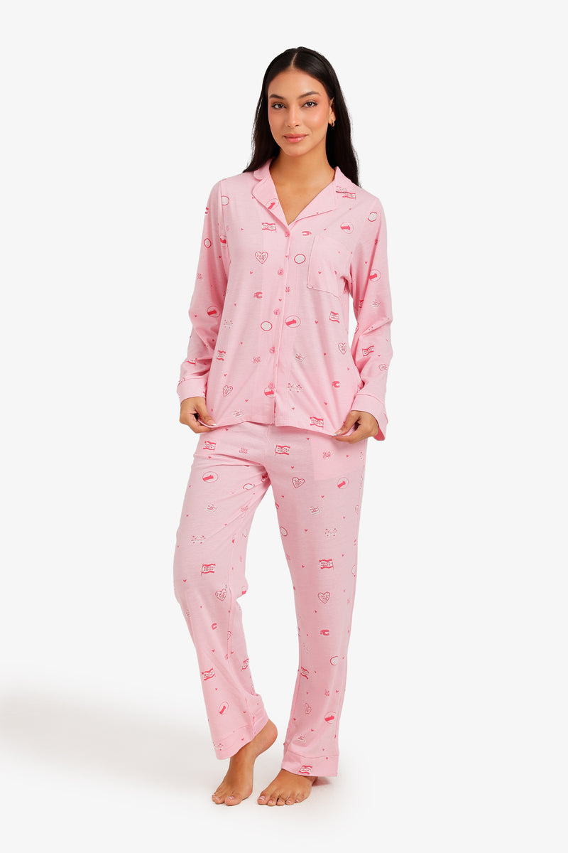 Graphic Button Pajama Set – Pink