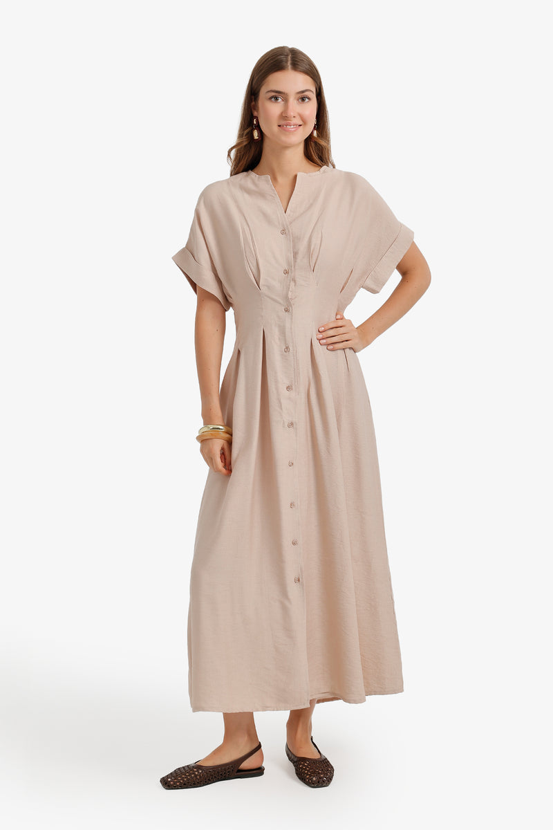 Classic Pleated Vintage Dress – Beige