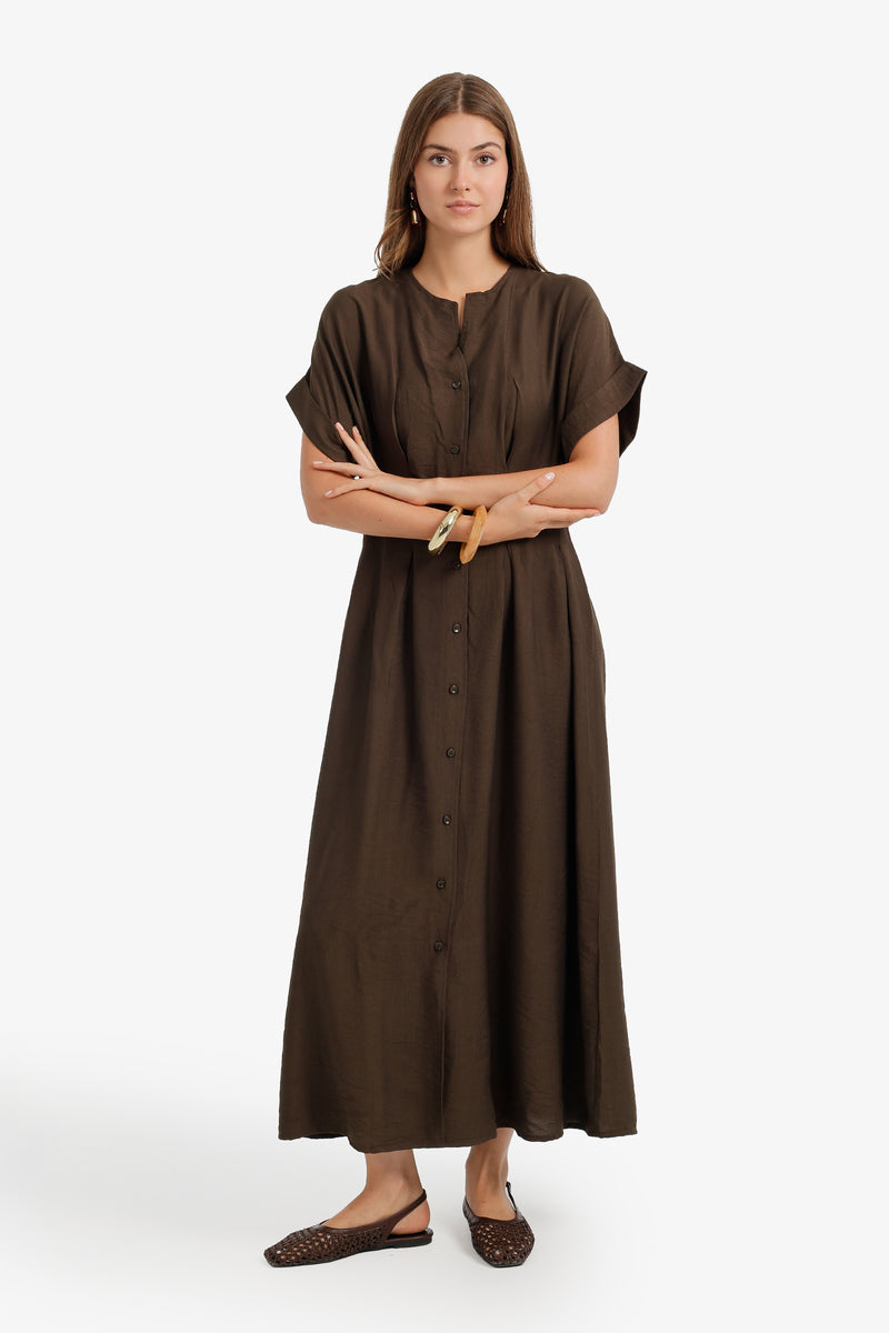 Classic Pleated Vintage Dress – Brown