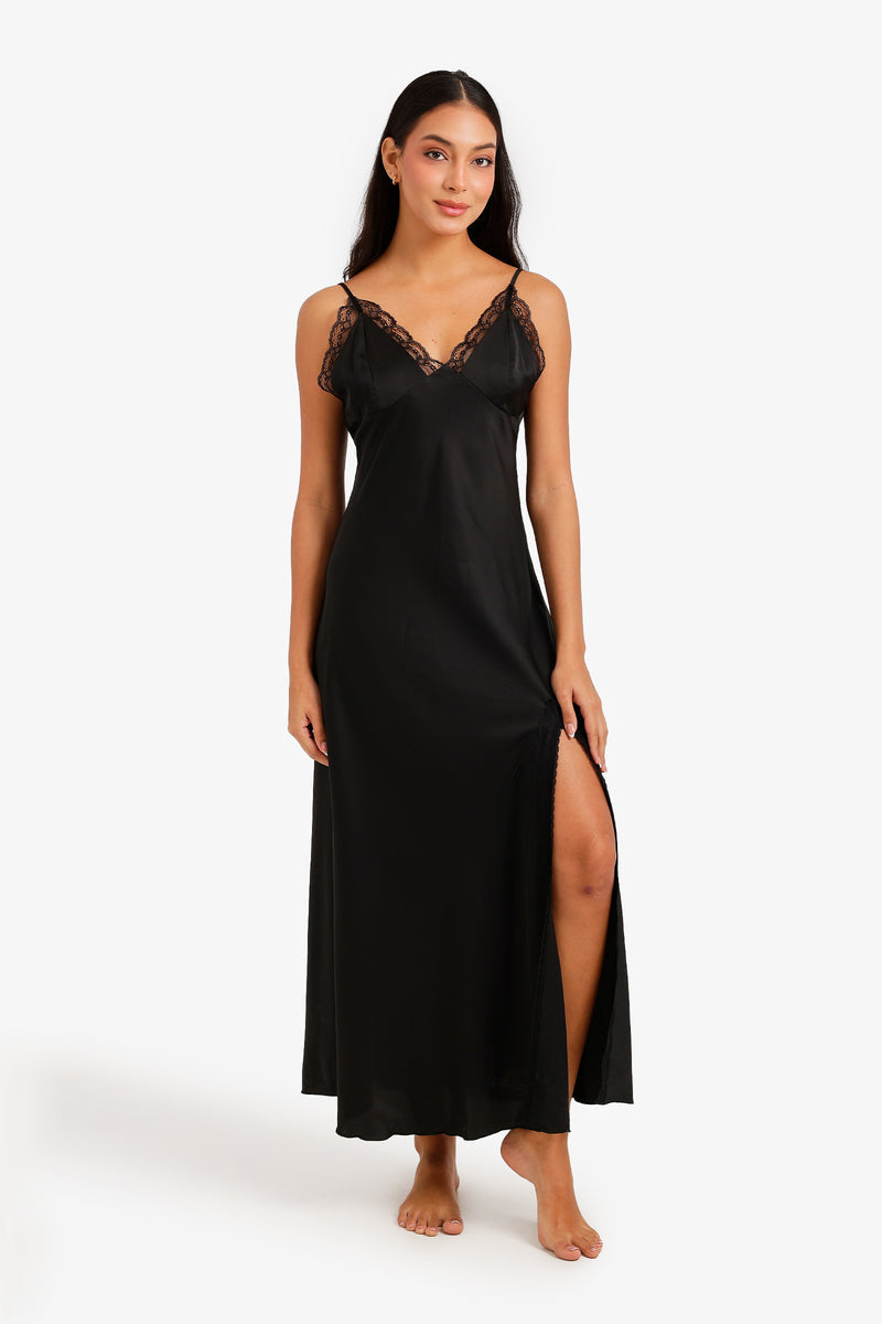 Lace Trim Maxi Nightgown - Black