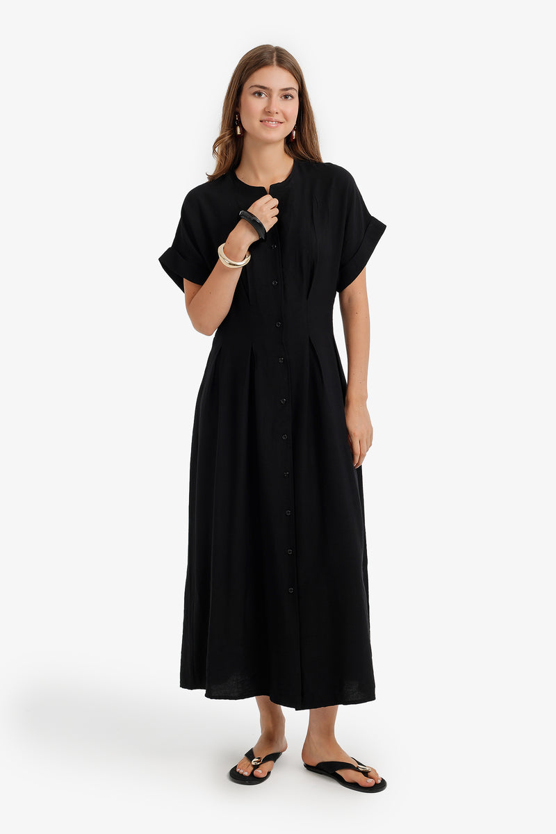Classic Pleated Vintage Dress – Black