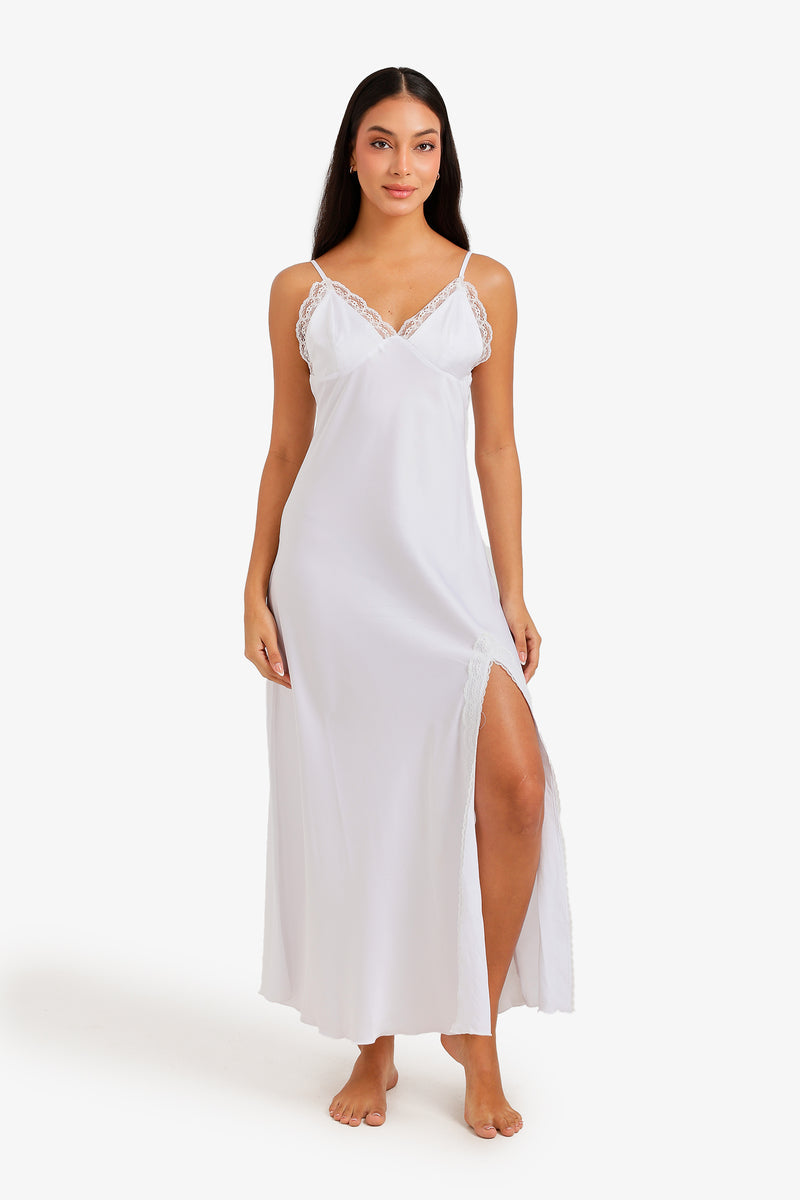 Lace Trim Maxi Nightgown - White