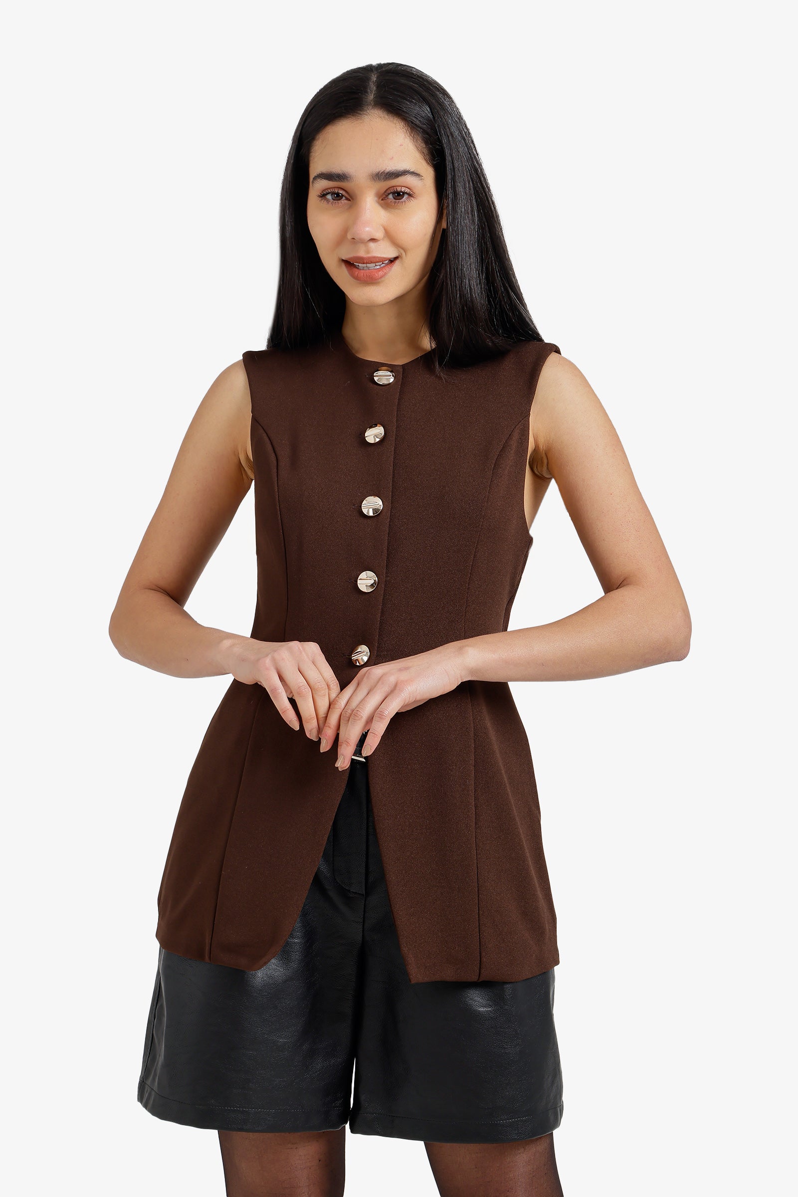 Solid Buttoned Long Vest – Dark Brown