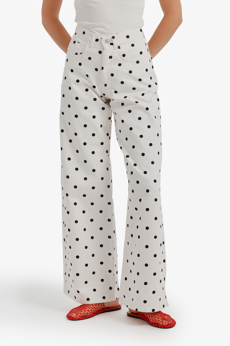 Polka Dot Wide-Leg Pants – White