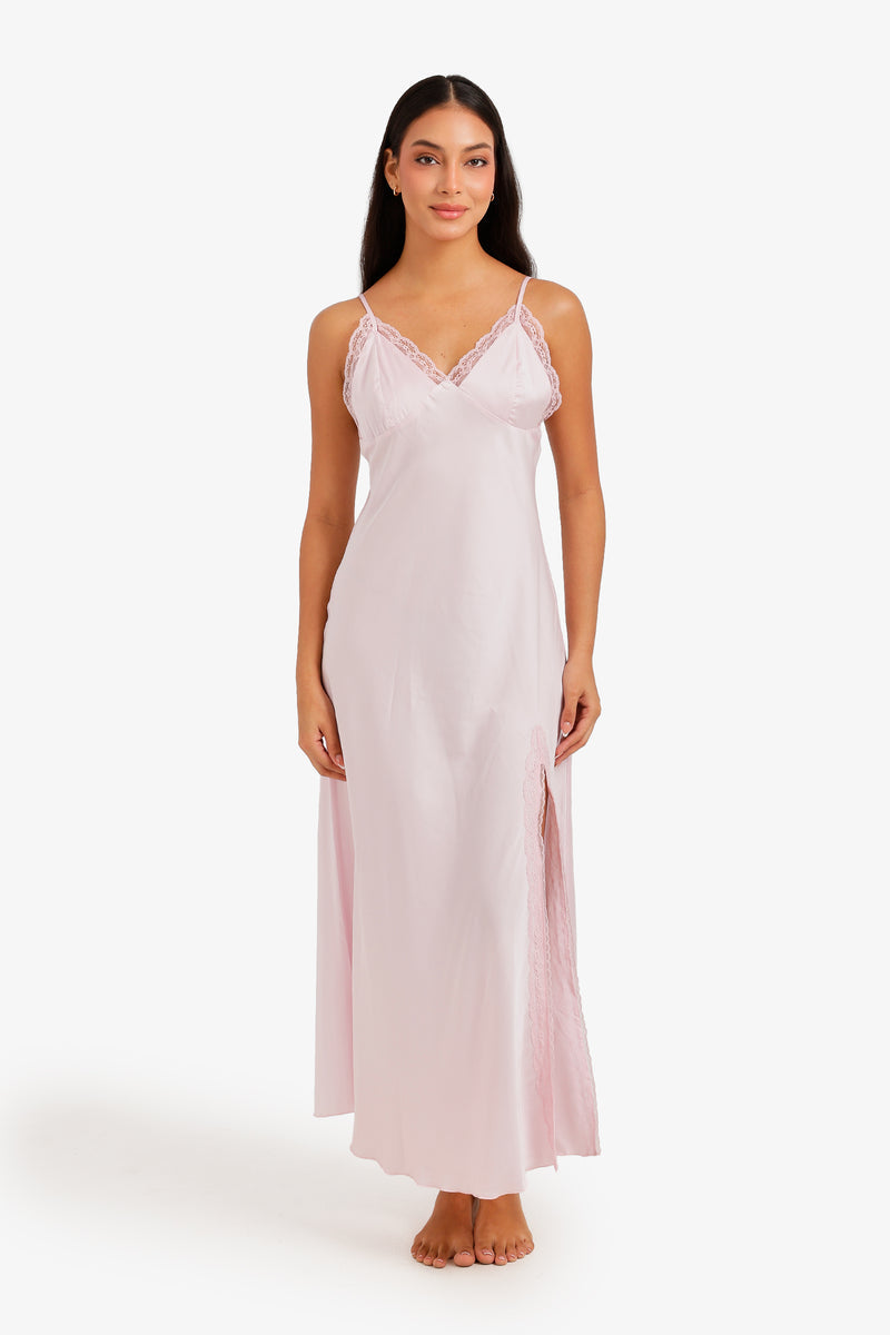 Lace Trim Maxi Nightgown - Peach Blossom