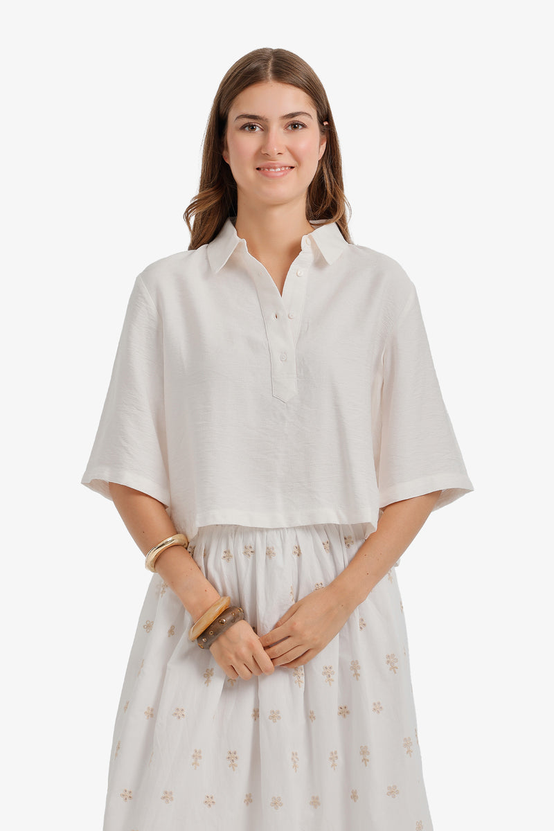 Half-Placket Cropped Shirt - White
