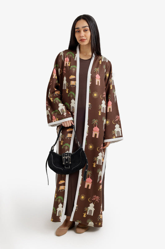 Ramadan-Themed Printed Kimono Contrast Trim – Dark Brown