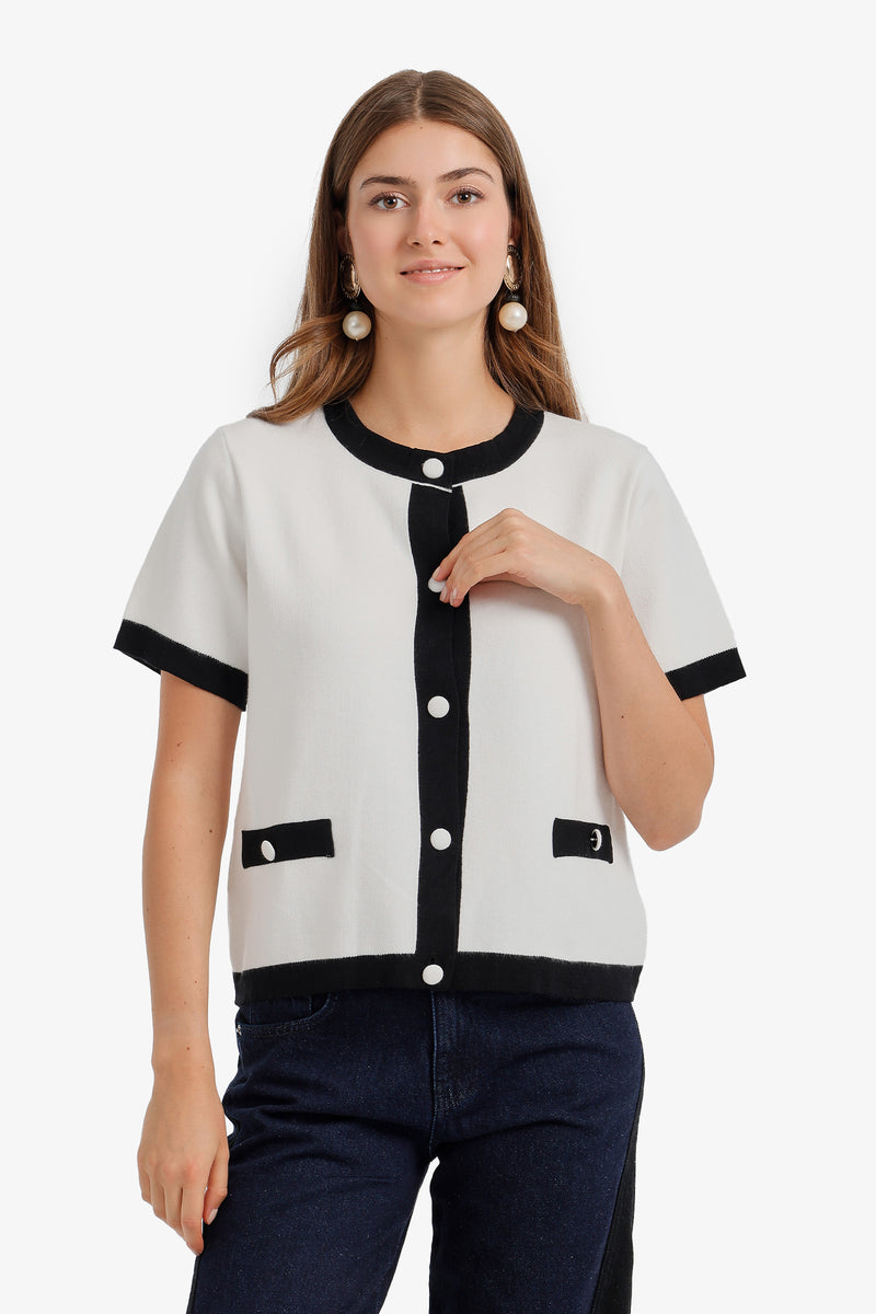 Contrast-Trim Button-Down Top - White