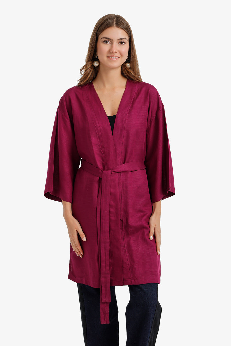 Belted Open-Front Cardigan - Burgundy