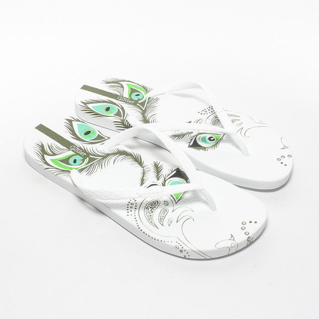 Peacock Feather Print Flip Flops - White
