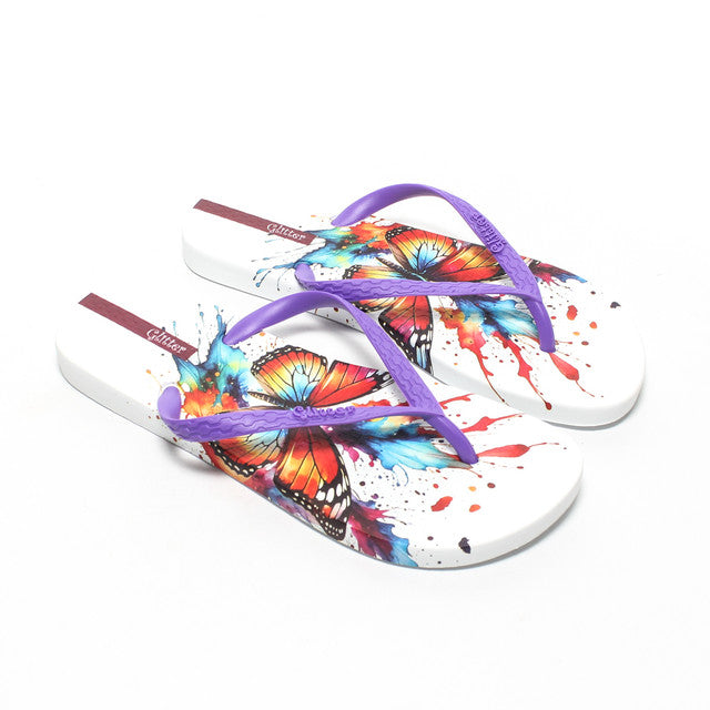 Butterfly Print Flip Flops - Purple
