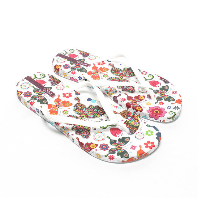 Butterfly Floral Print Flip Flops - White