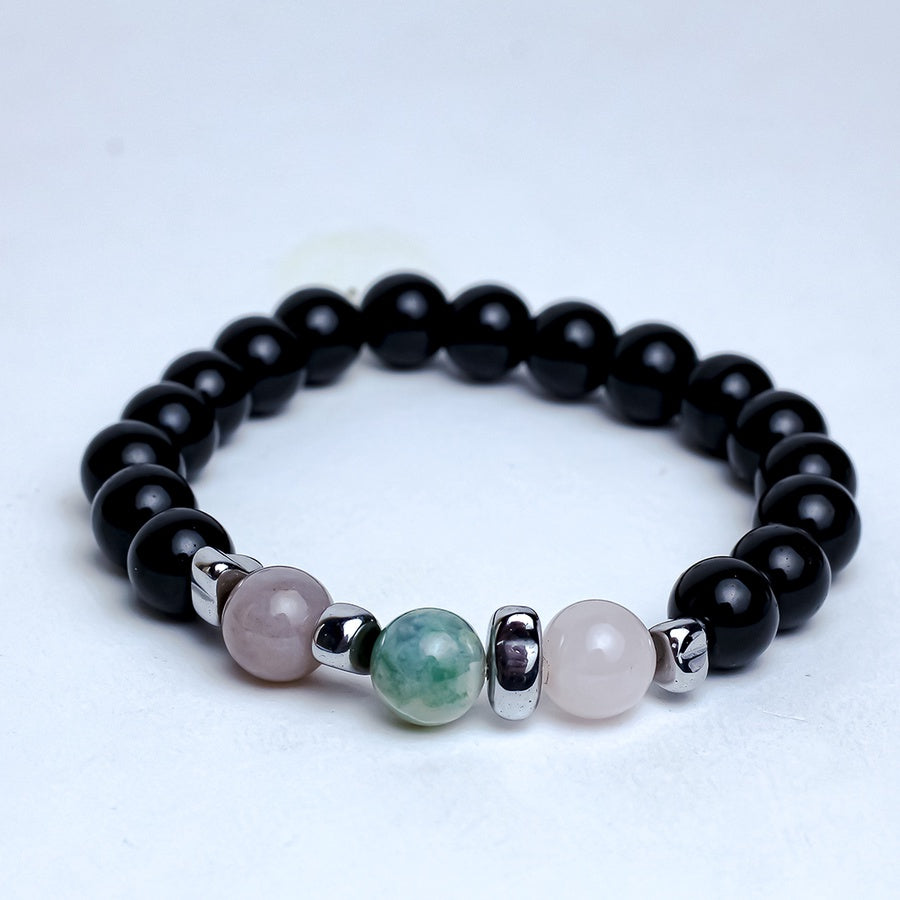 Moss Agate Focal Beaded Bracelet Silver Accents – Black
