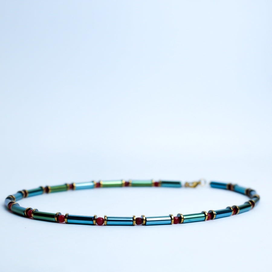 Galaxy Hematite Necklace – Iridescent & Red Accents