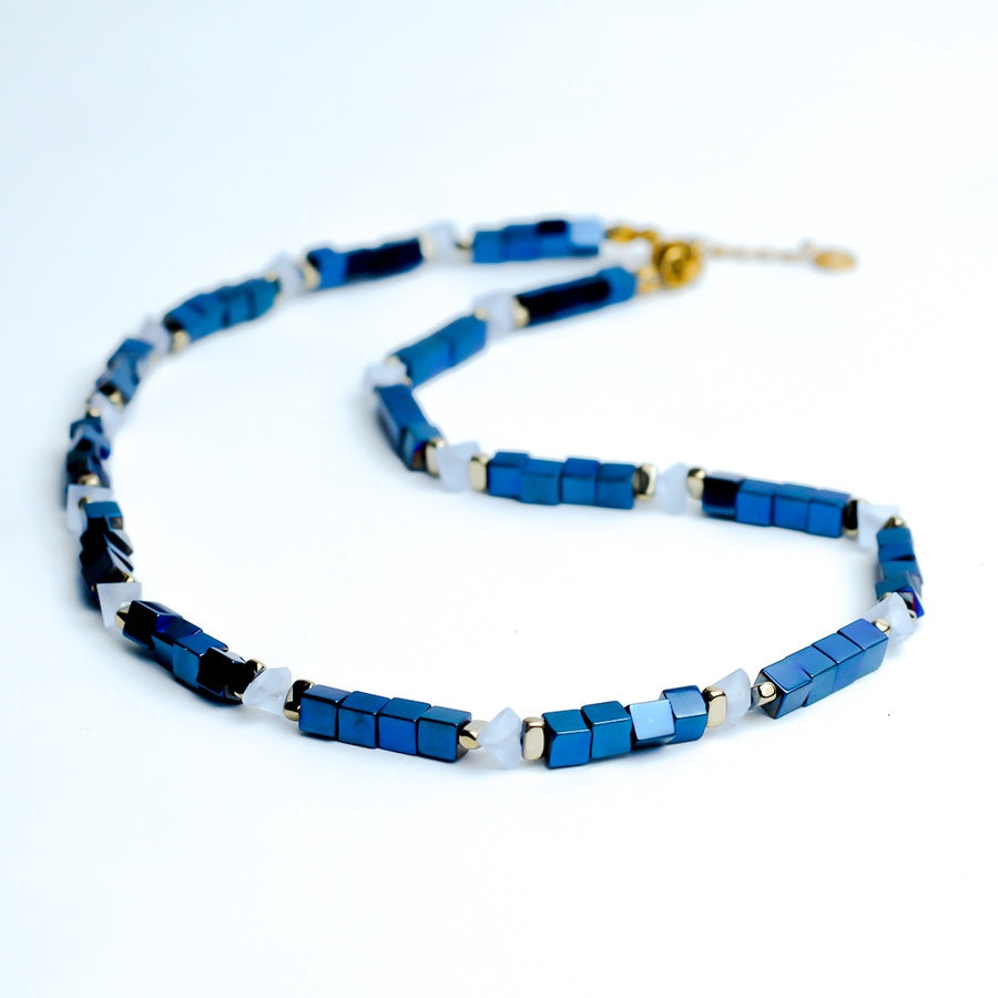 Geometric Hematite & Crystal Necklace – Blue