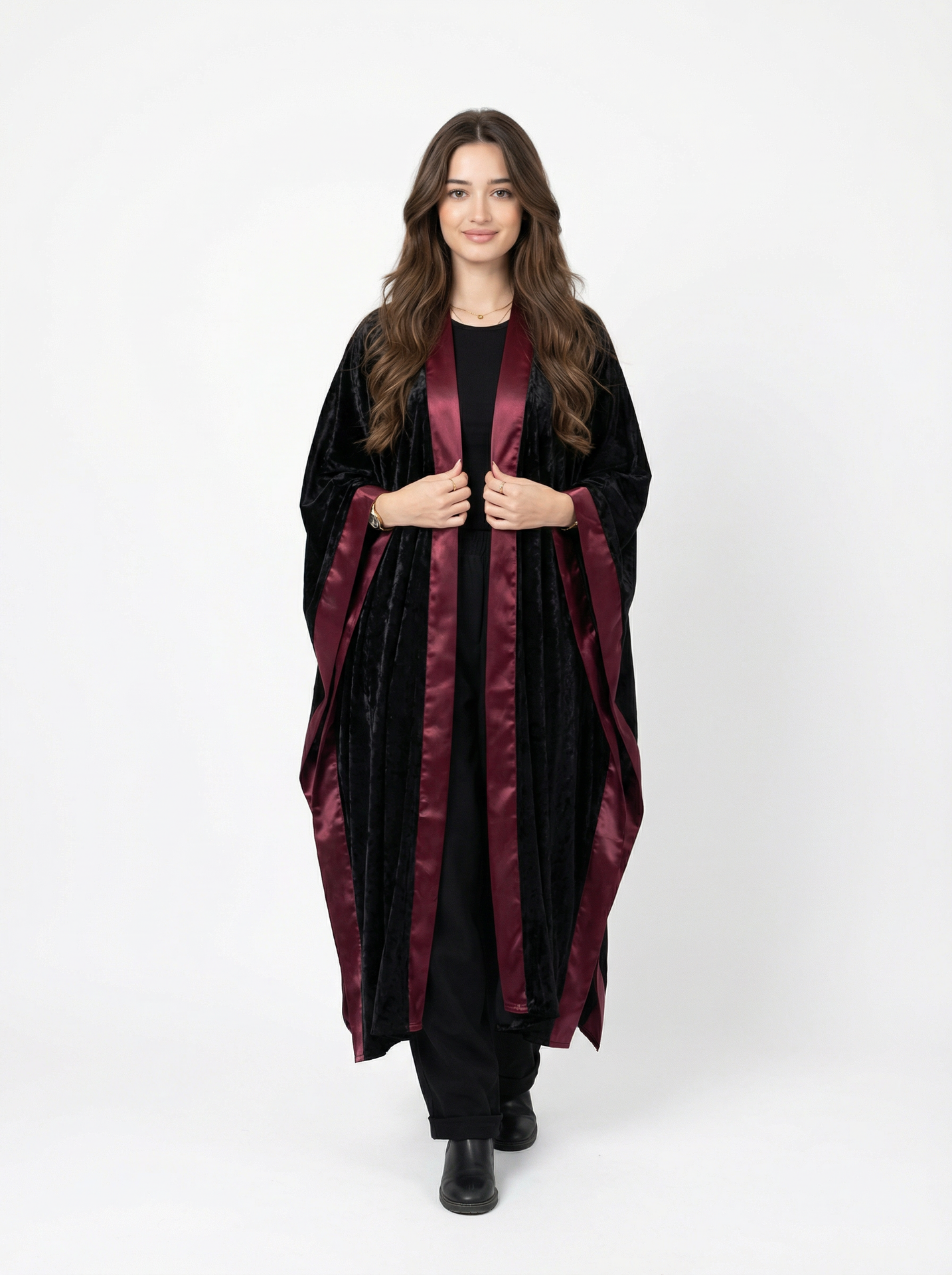 Majesty Trim Velvet Kimono - Black x Burgundy