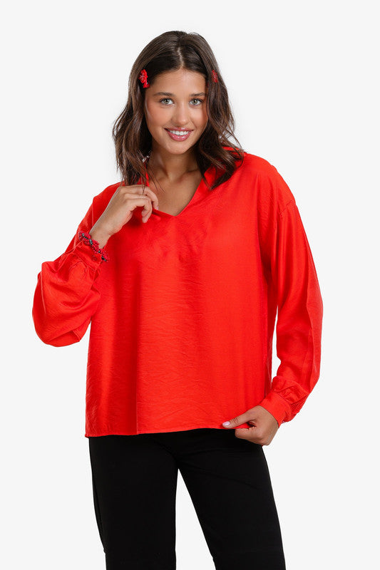 Solid V-Neck Blouse – Orange