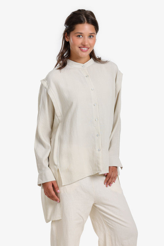 Solid Asymmetric Hem Shirt – Beige