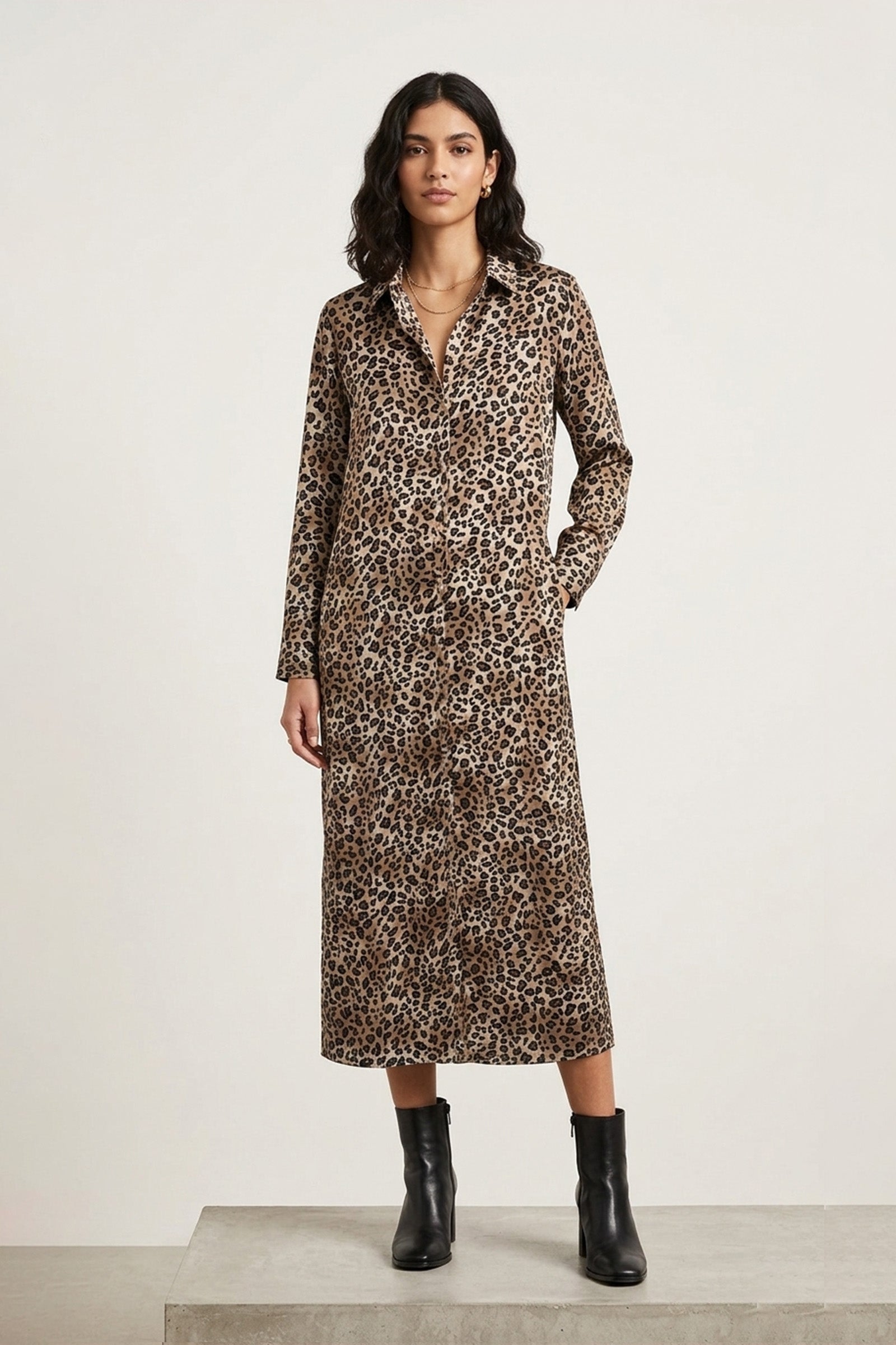 Leopard Print Maxi Shirt Dress - Beige