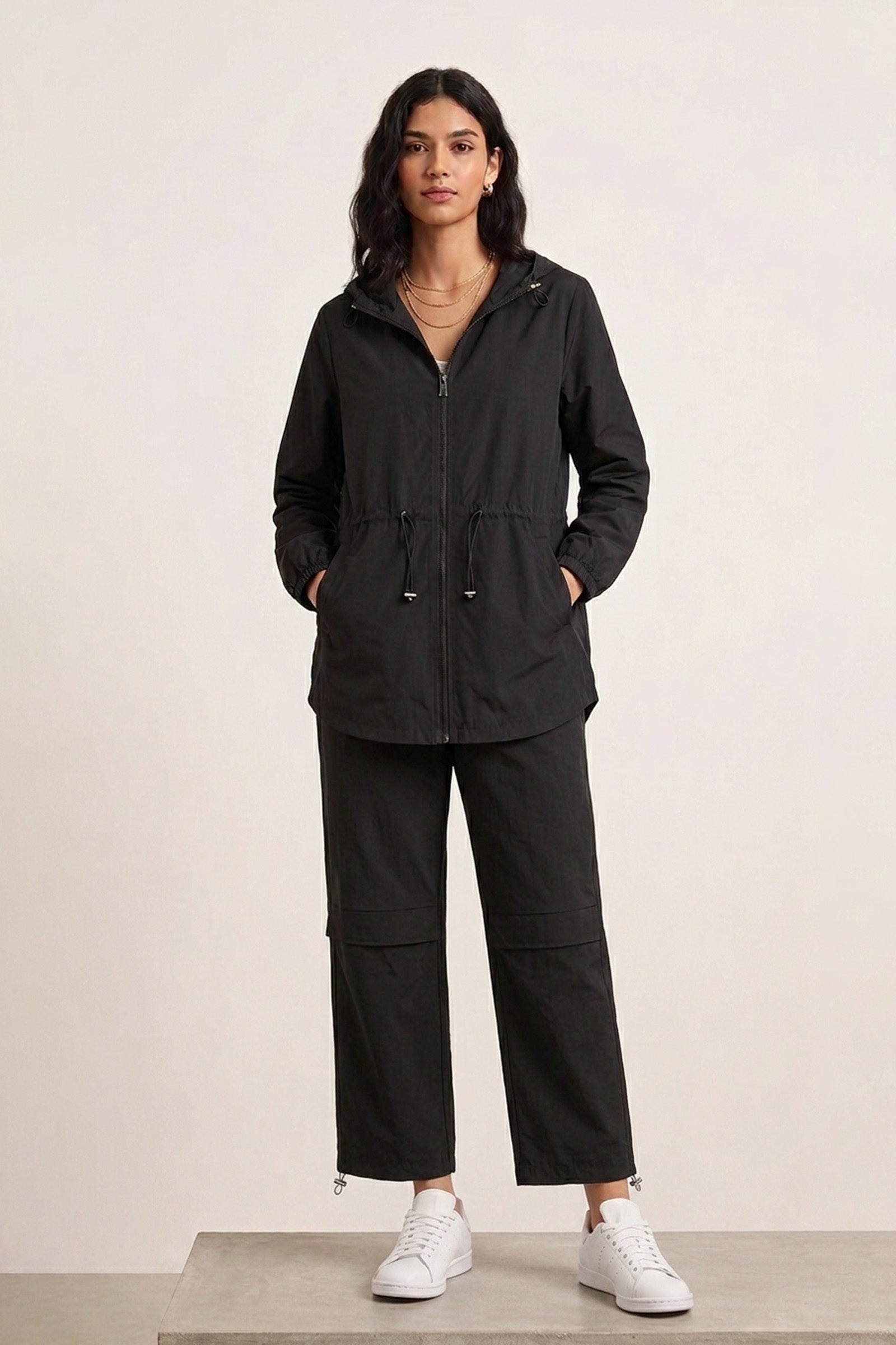 Drawstring Hooded Lounge Jacket - Black