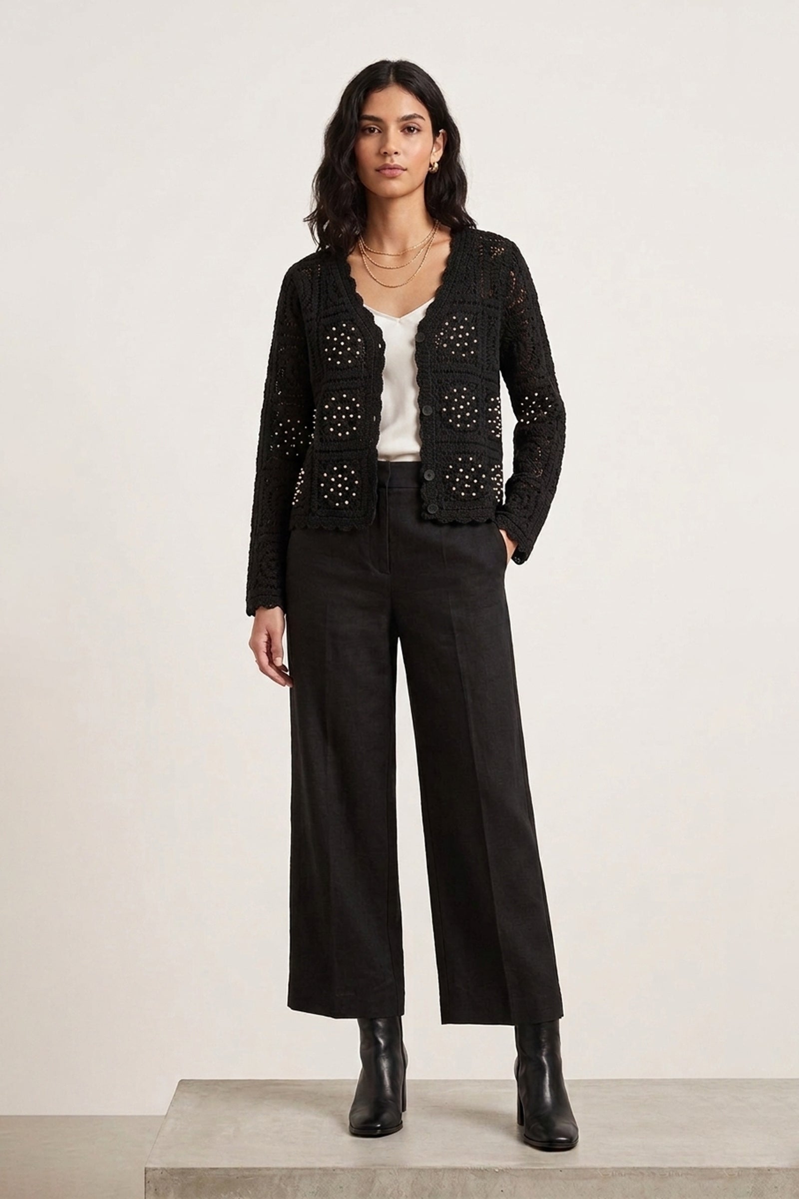 Scalloped Crochet Cardigan - Black