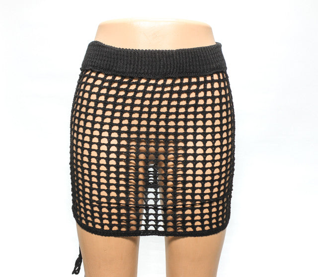 Open Knit Beach Cover-Up Skirt - Black