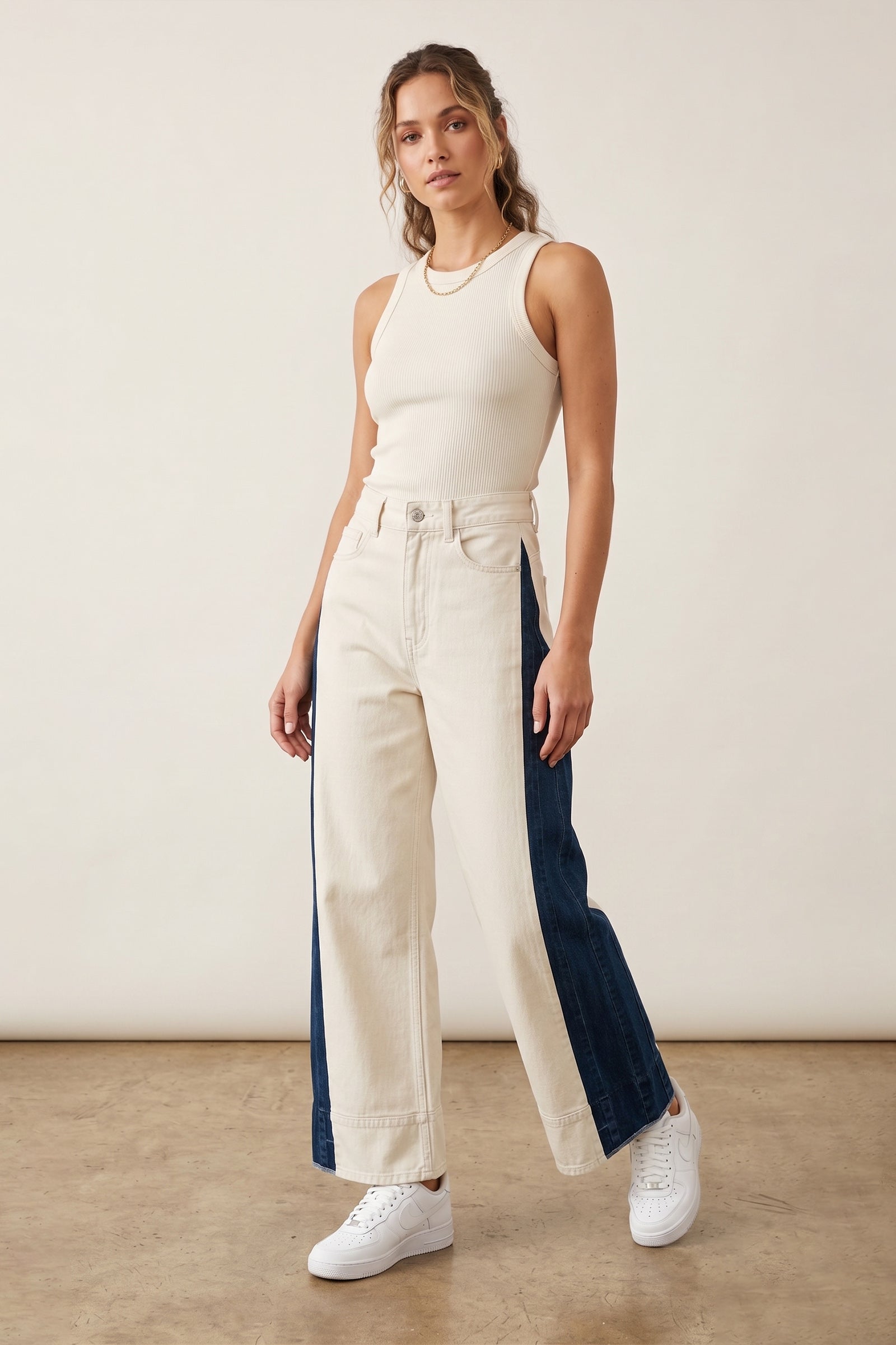 Contrast Side Panel Wide-Leg Pants - White