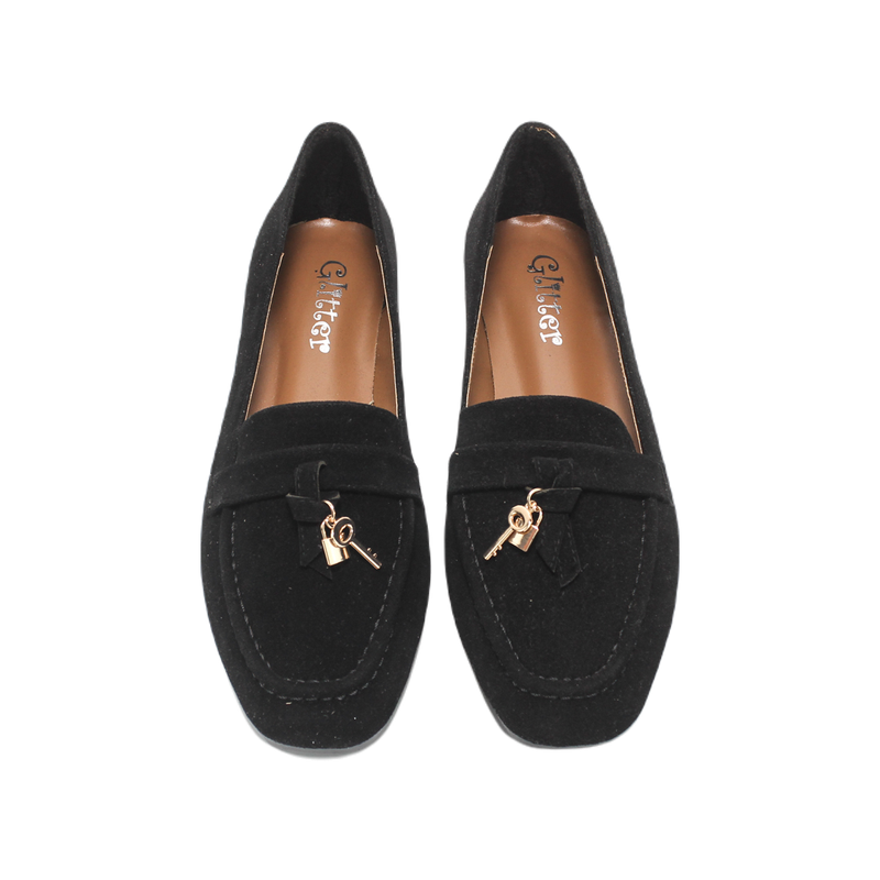 Black Suede Flat Loafers with Tassel & Charm Details