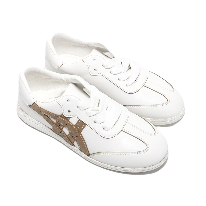 Faux Leather Lace-Up Sneakers – White & Beige