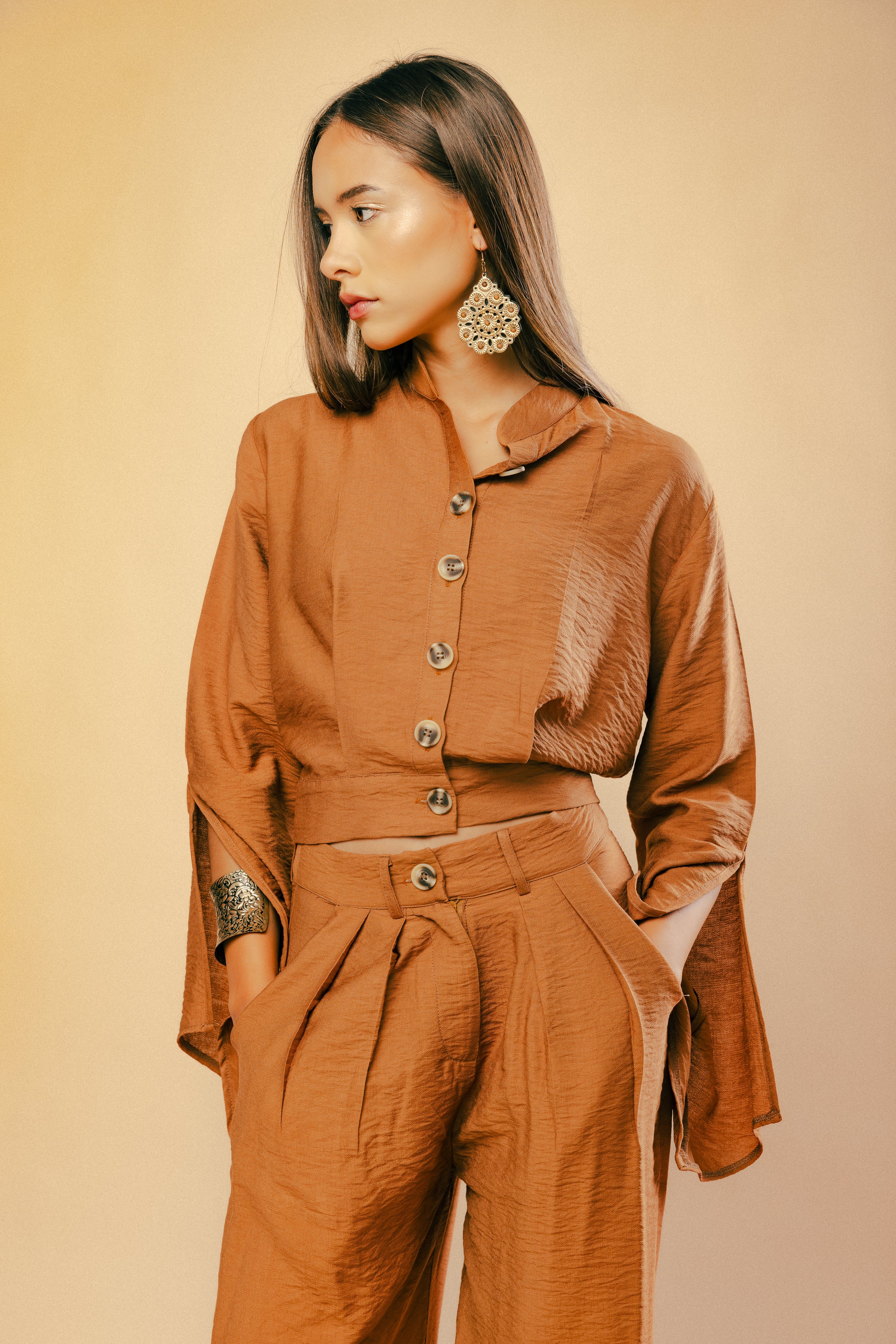 Linen Desert Sway Slit Blouse - Camel