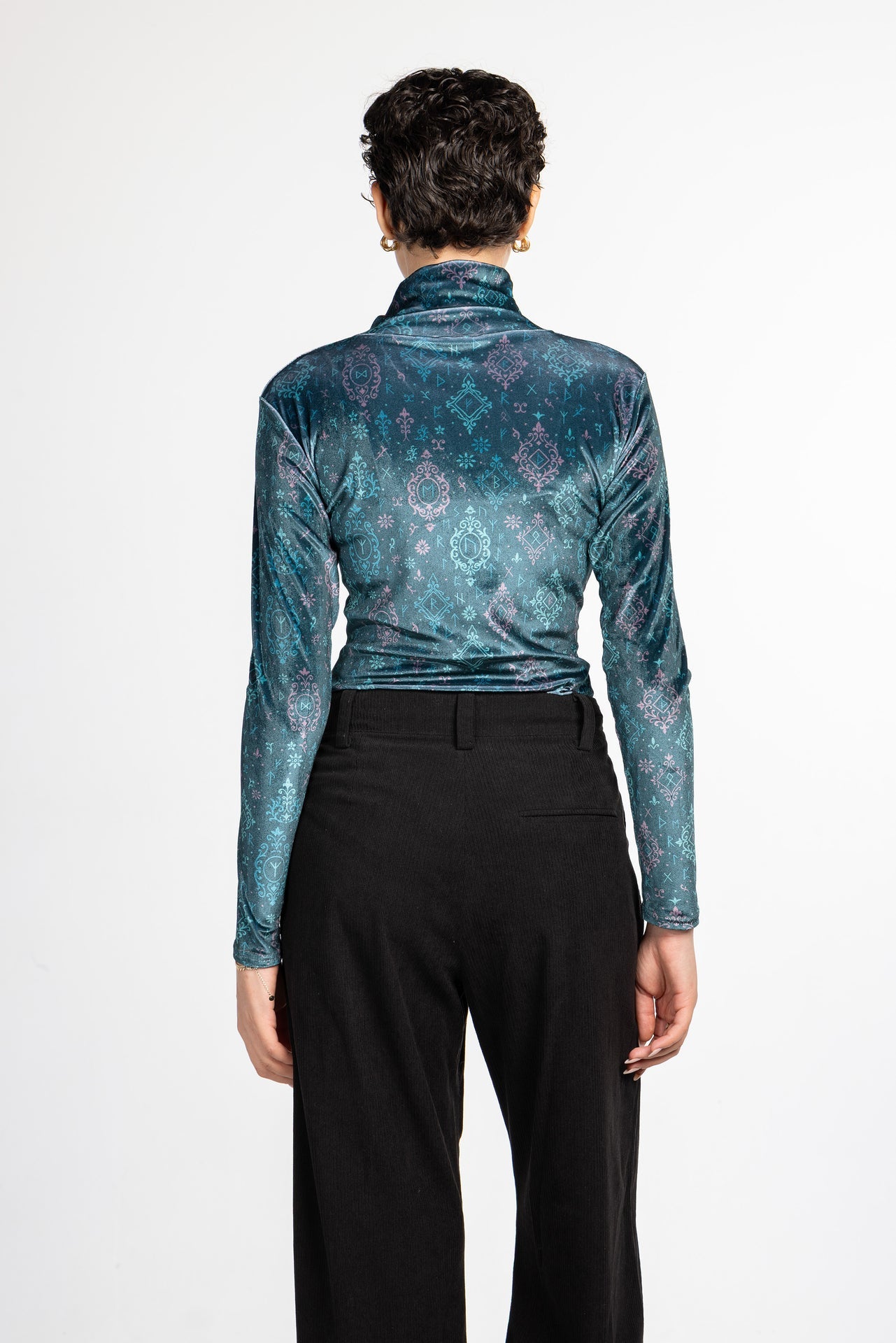Velvet Printed Turtleneck Top – Teal