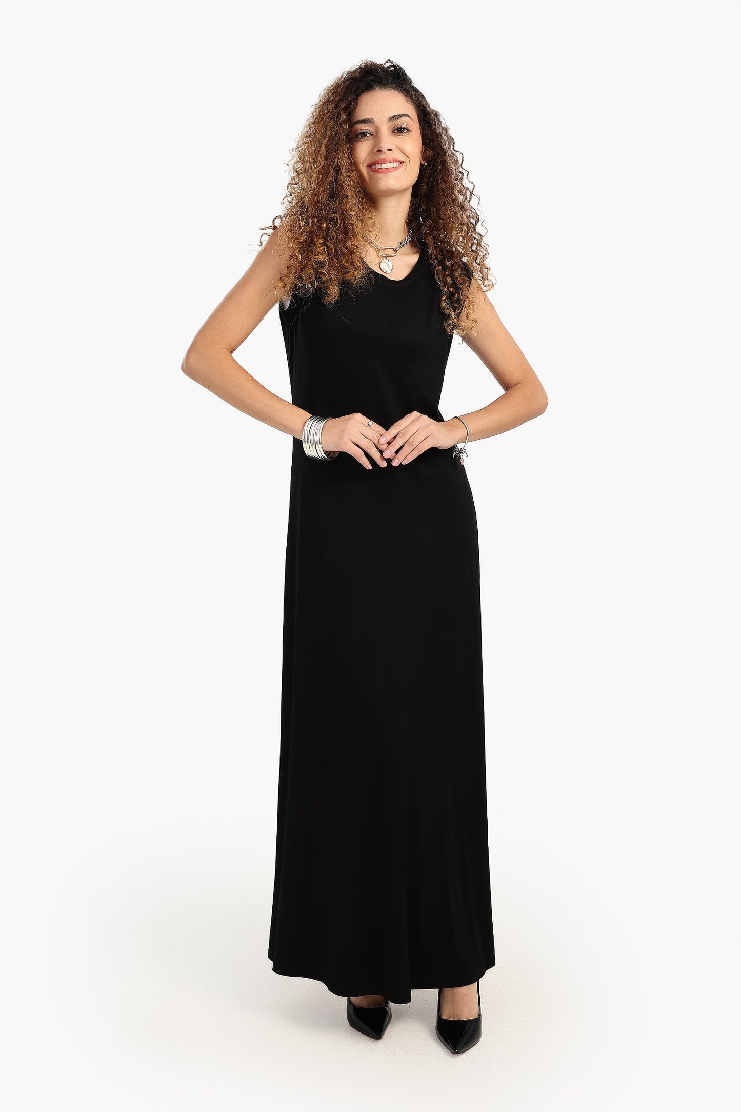 Viscose Solid Pattern Dress - Black