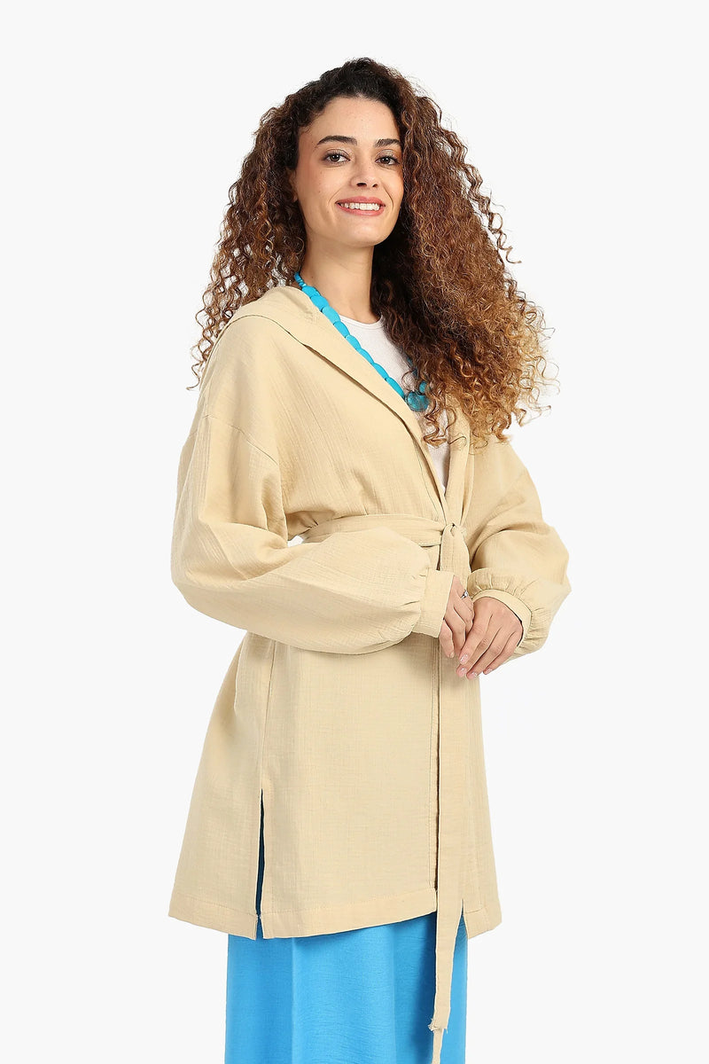Cotton Solid Summer Hooded Cardigan – Beige