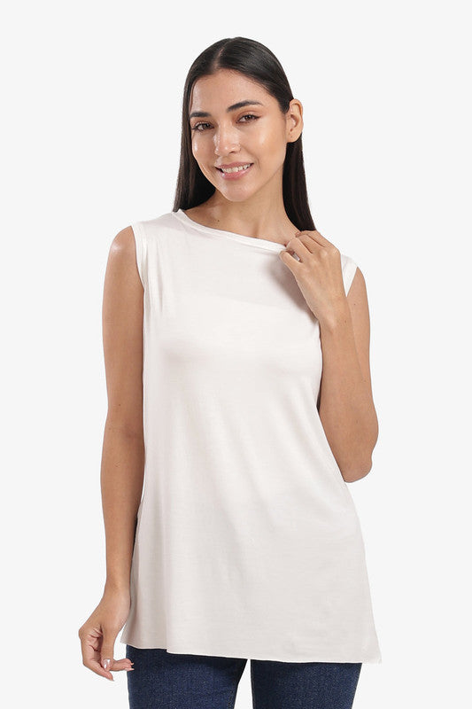 Boat Neck Sleeveless T-Shirt with Side Slits – Off White