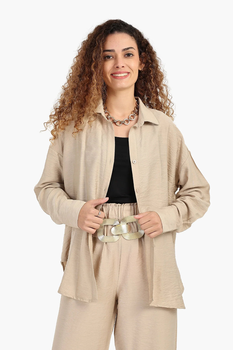 Polyester Solid Dropped Shoulder Lounge Shirt – Beige