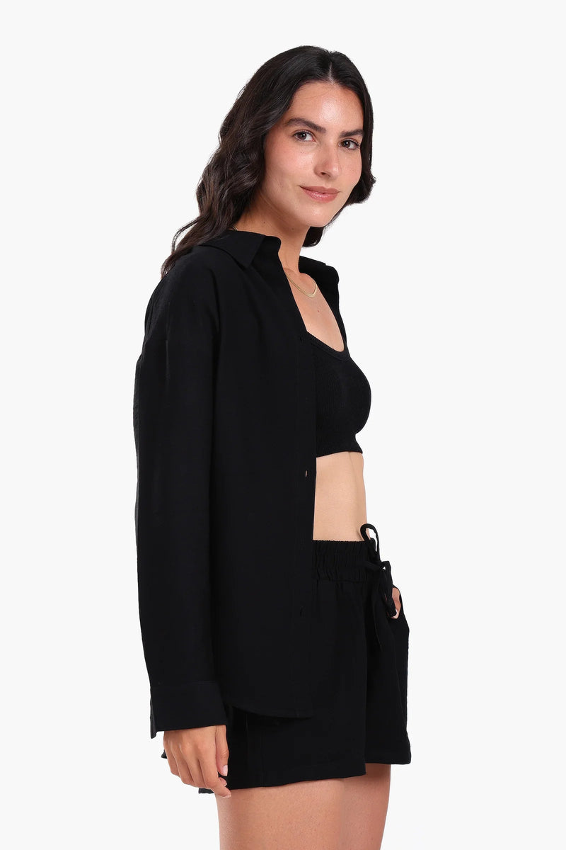 Tencel Solid Beach Shirt & Shorts Set – Black