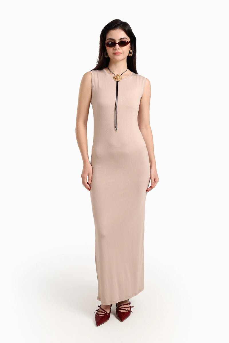 Viscose Blend Solid Sleeveless Dress – Beige