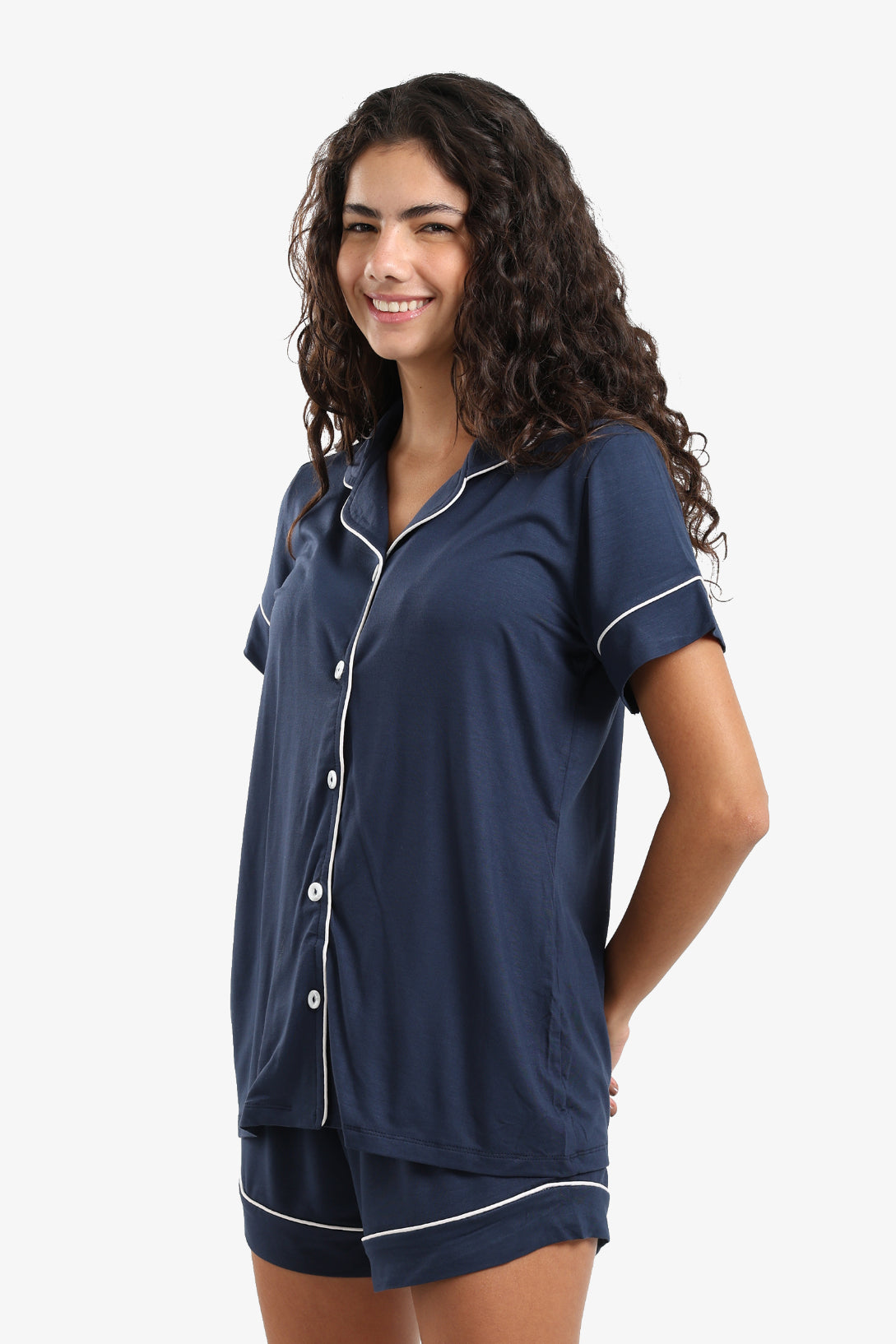 Solid Contrast Piping Short Pajama Set – Navy