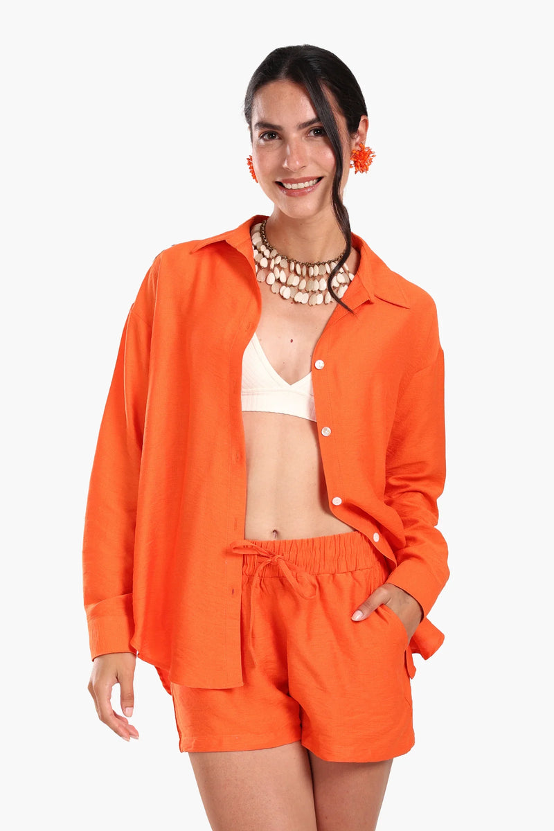 Tencel Solid Beach Shirt & Shorts Set – Orange