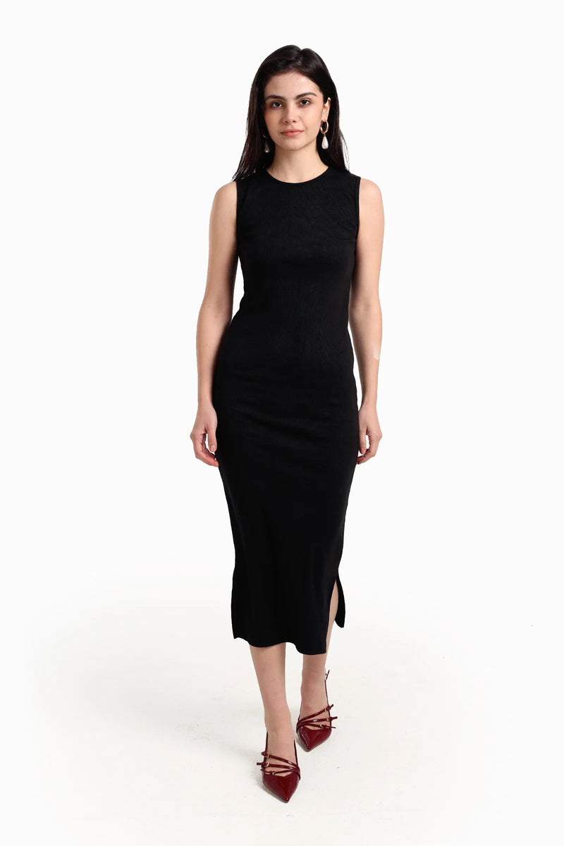 Polyester Blend Ribbed Midi Dress – Black