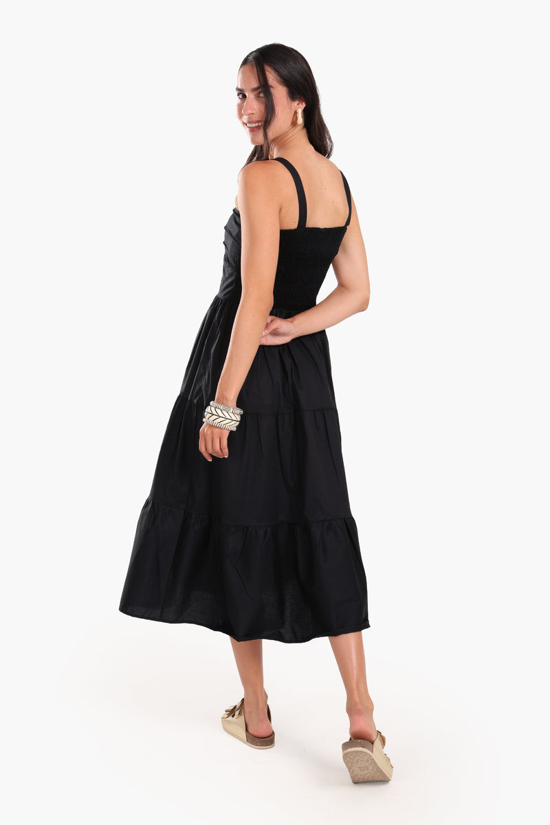Cotton Solid Sleeveless Tiered Midi Dress - Black