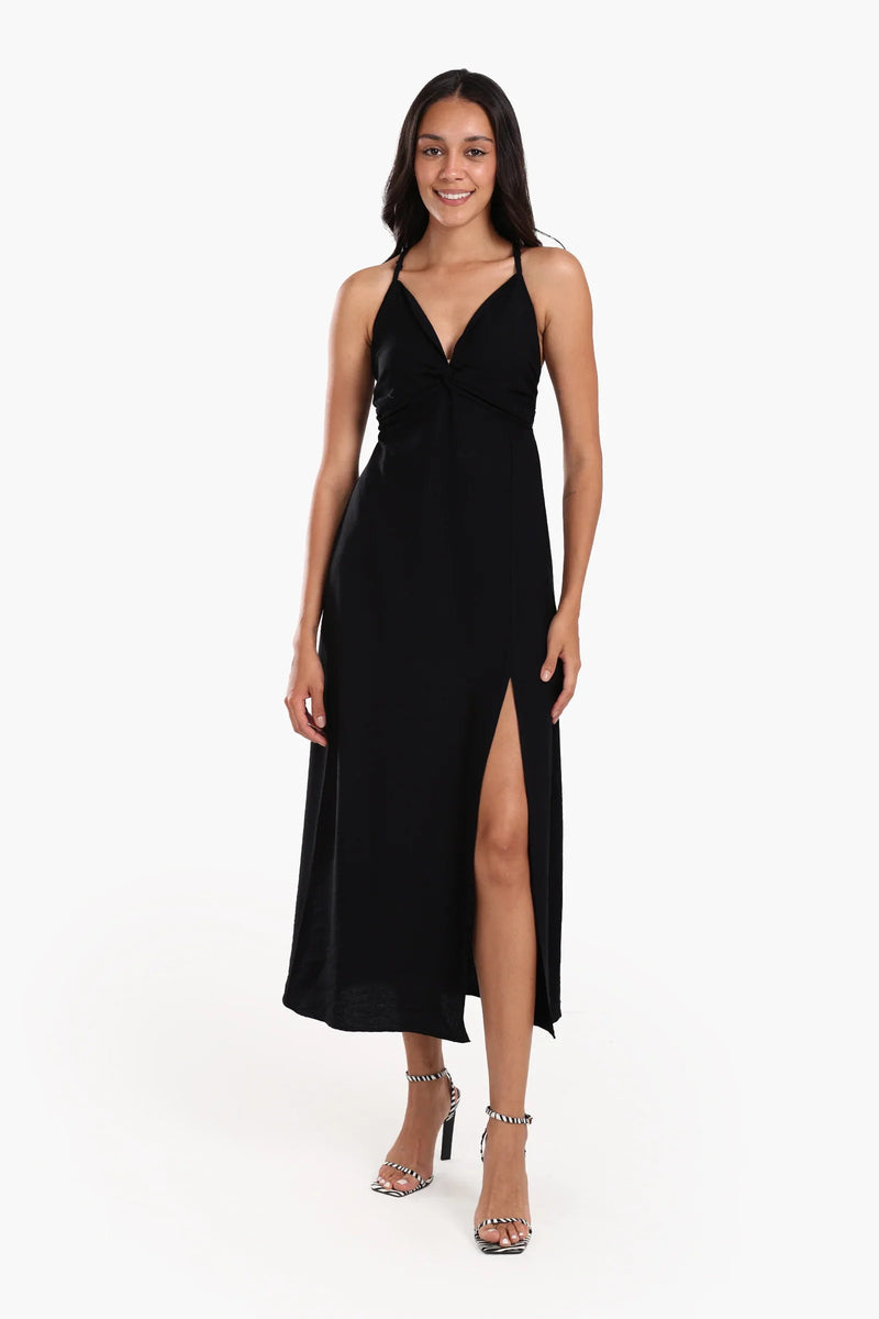 Viscose Solid Crisscross Back Midi Dress – Black
