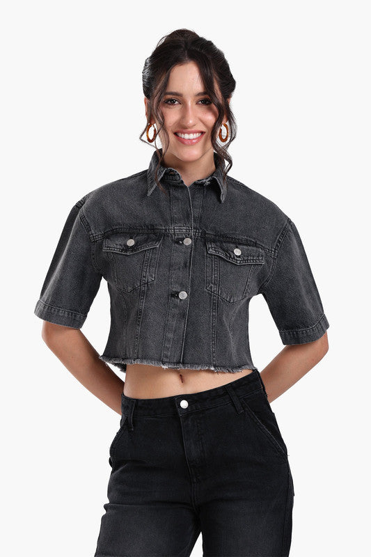 Solid Cropped Denim Shirt – Dark Grey