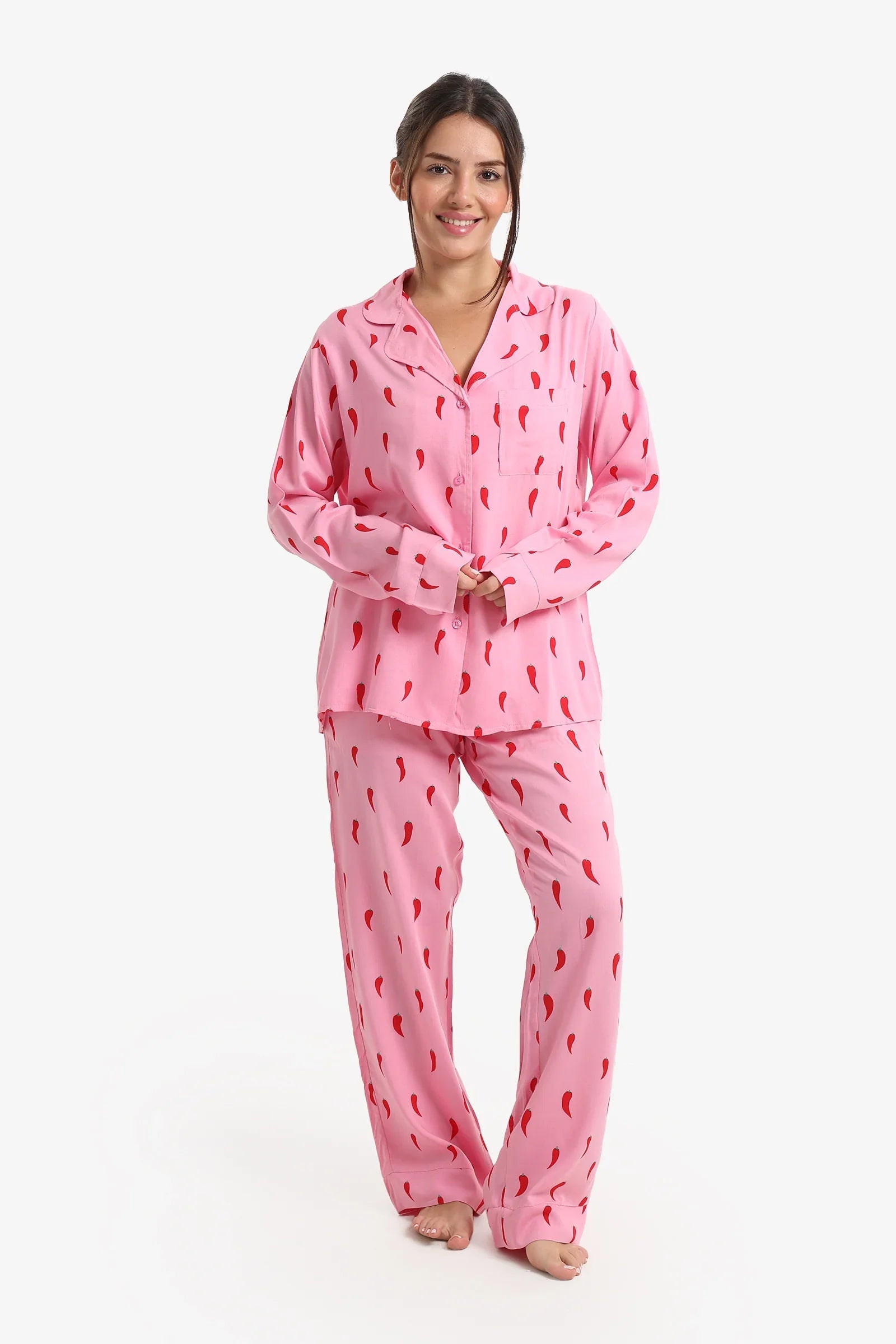 Pepper Print Button-Down Pajama Set – Pink