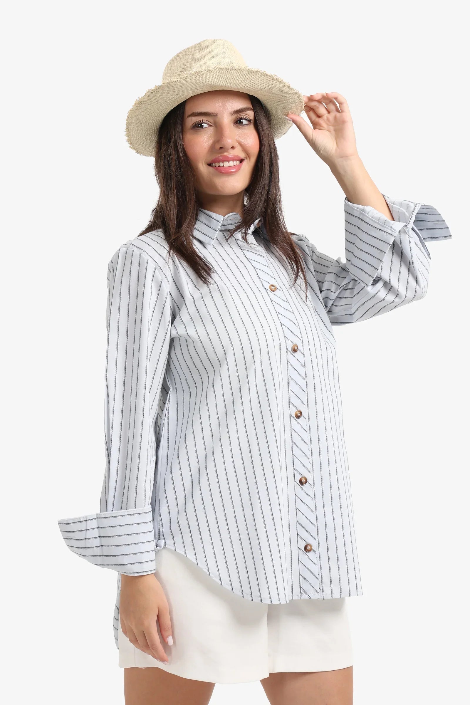 Striped High-Low Button-Down Shirt – Blue