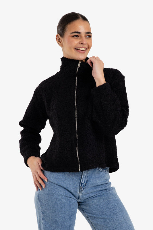 Stand Collar Wool Jacket with Chest Pocket – Black